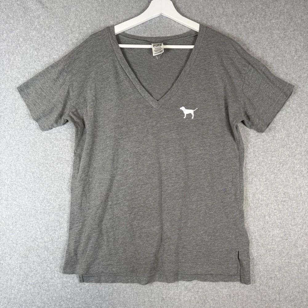 Victorias Secret Pink Womens Small Pullover Dog Logo T Shirt Gray Short Sleeve